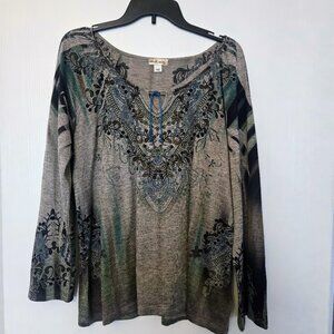Boho tunic top by World Unity - gray with paisley motif Size XL